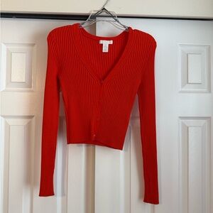 Red V-Neck Button-Up Sweater